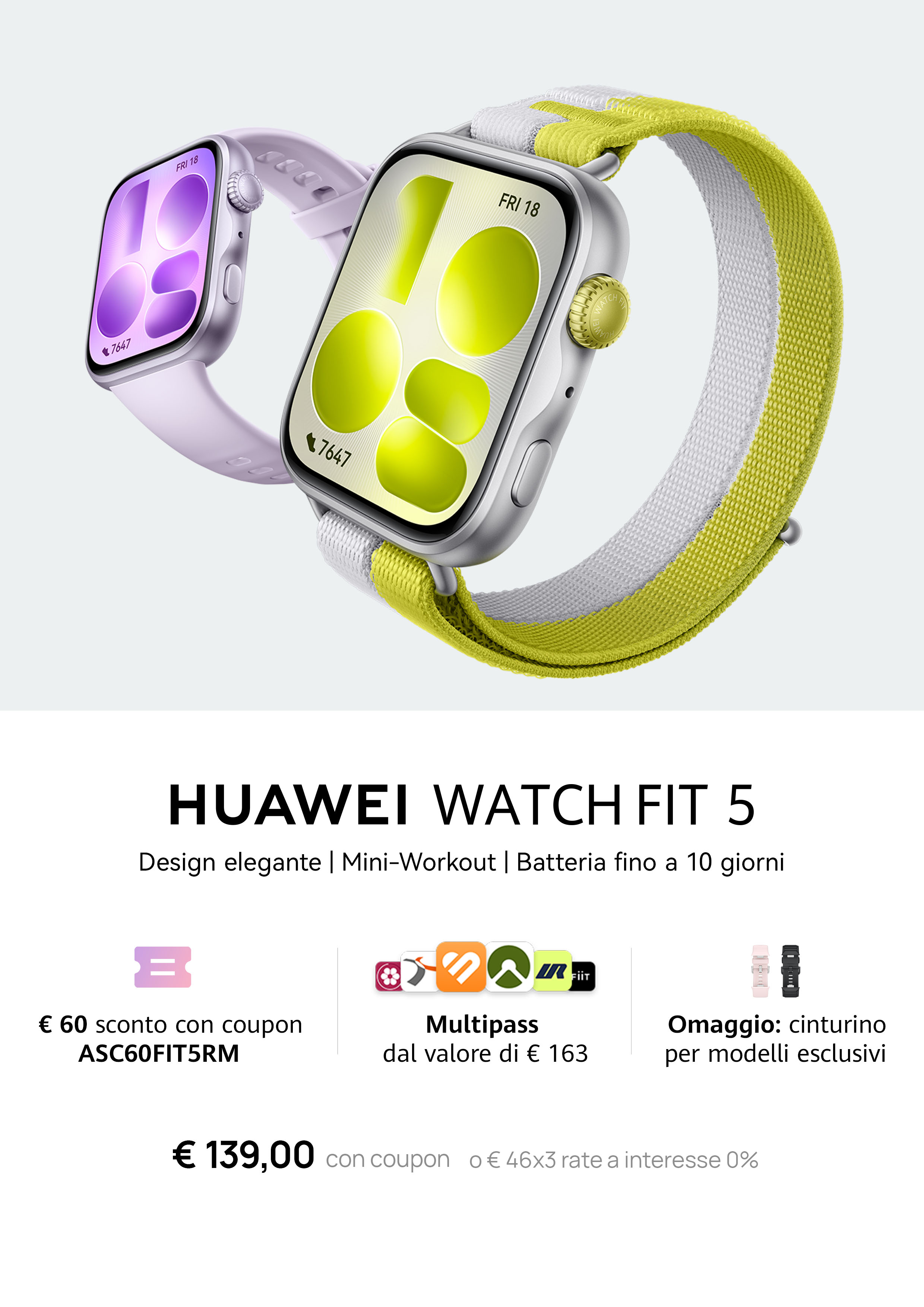 Coupon Sconto Huawei Watch Fit 5 - €60 di sconto con codice ASC60FIT5RM